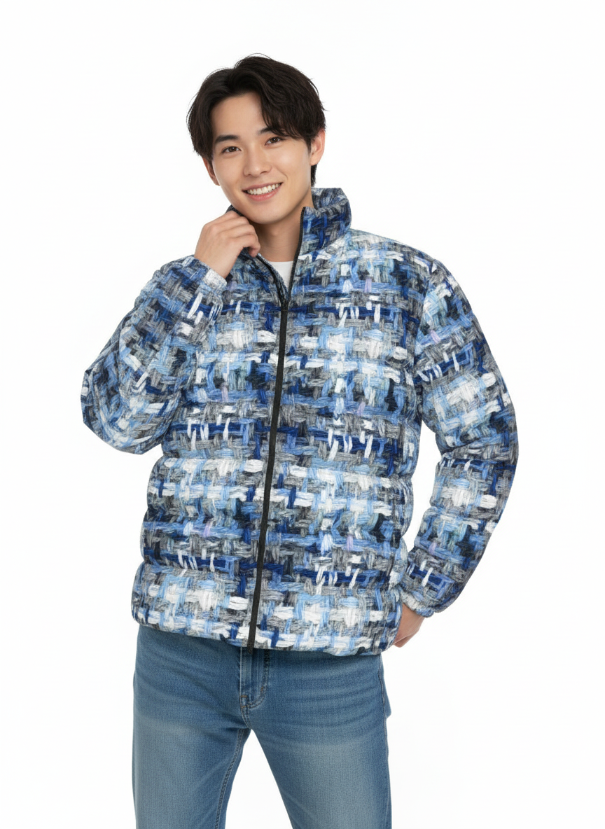 065 NISHIKIx Tweed Print Unisex Stand Collar Slim Down Jacket - Blue Gray