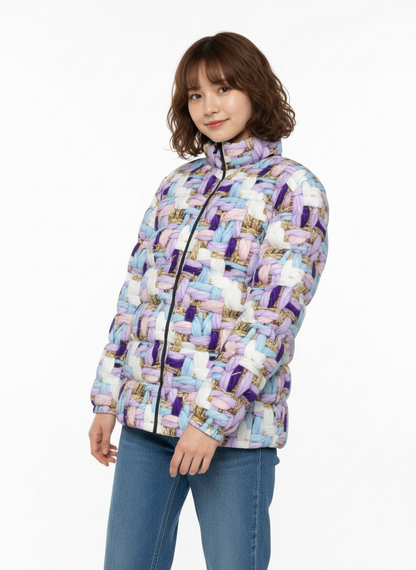 066 NISHIKIx Tweed Print Unisex Stand Collar Slim Down Jacket - Lavender