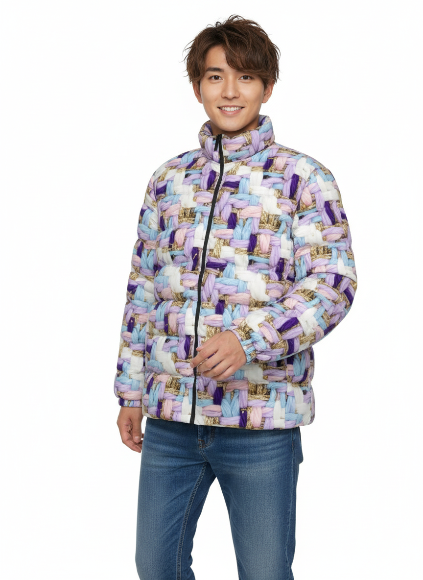 066 NISHIKIx Tweed Print Unisex Stand Collar Slim Down Jacket - Lavender