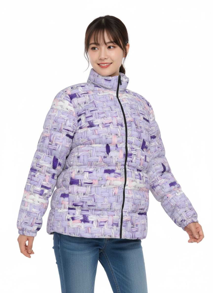067 NISHIKIx Tweed Print Unisex Stand Collar Slim Down Jacket - Light Violet