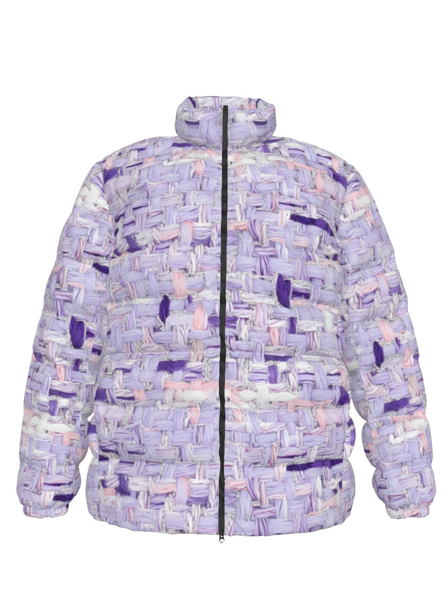 067 NISHIKIx Tweed Print Unisex Stand Collar Slim Down Jacket - Light Violet