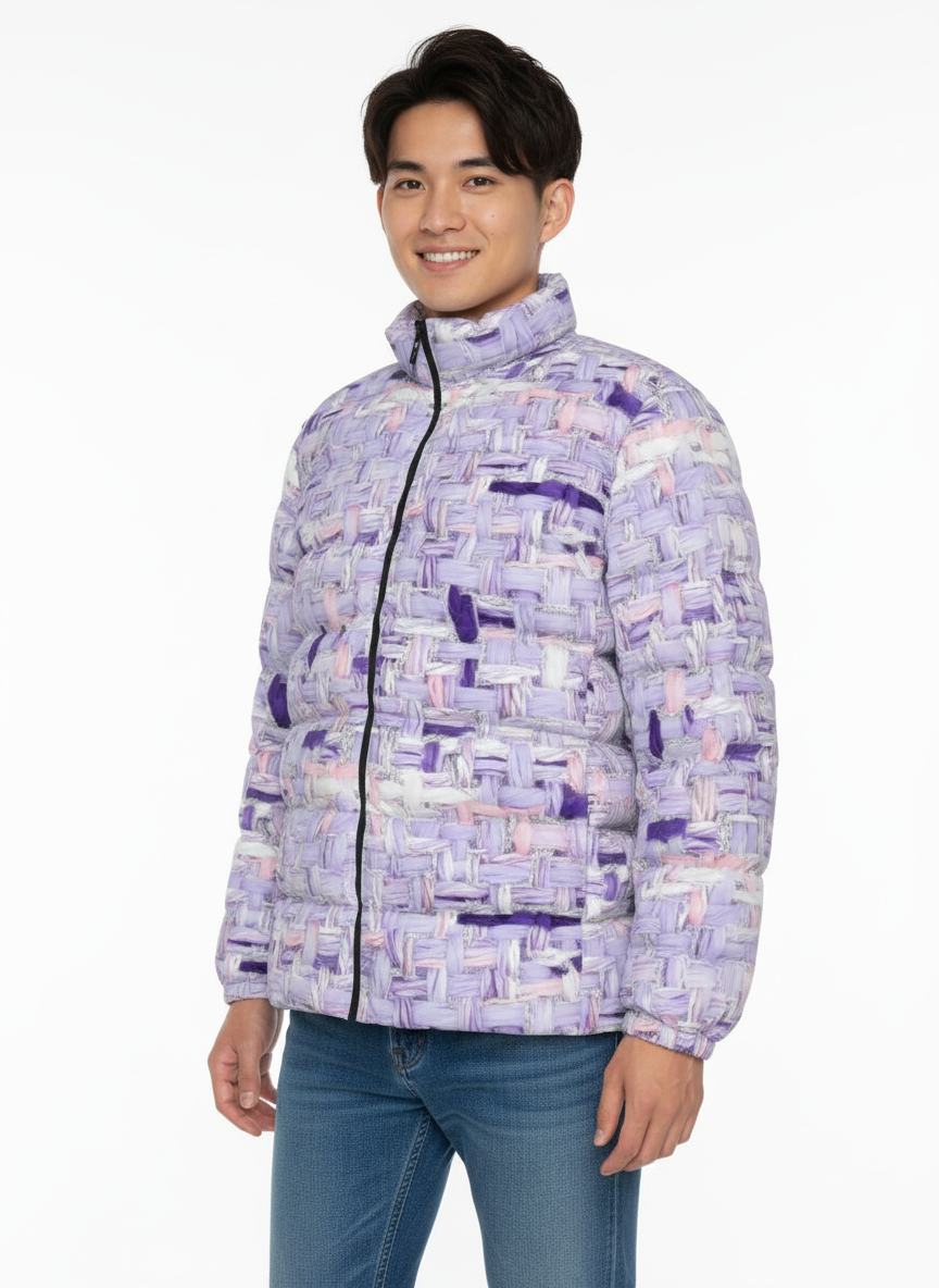 067 NISHIKIx Tweed Print Unisex Stand Collar Slim Down Jacket - Light Violet