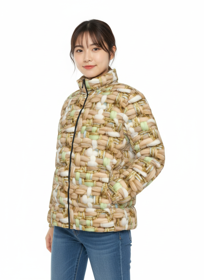 068 NISHIKIx Tweed Print Unisex Stand Collar Slim Down Jacket - Beige