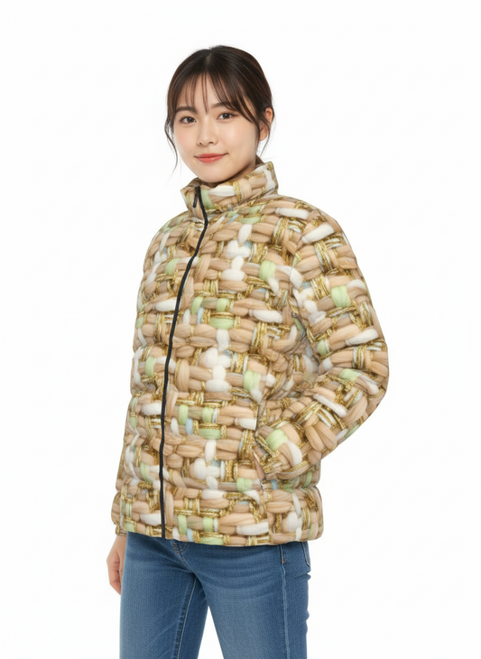 068 NISHIKIx Tweed Print Unisex Stand Collar Slim Down Jacket - Beige