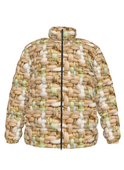 068 NISHIKIx Tweed Print Unisex Stand Collar Slim Down Jacket - Beige