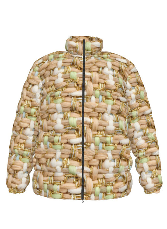 068 NISHIKIx Tweed Print Unisex Stand Collar Slim Down Jacket - Beige