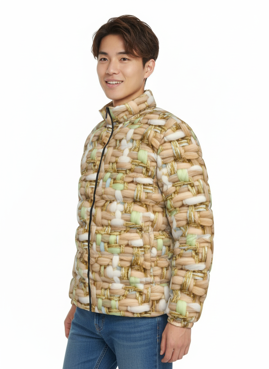 068 NISHIKIx Tweed Print Unisex Stand Collar Slim Down Jacket - Beige