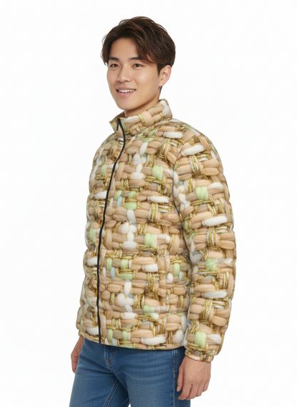 068 NISHIKIx Tweed Print Unisex Stand Collar Slim Down Jacket - Beige