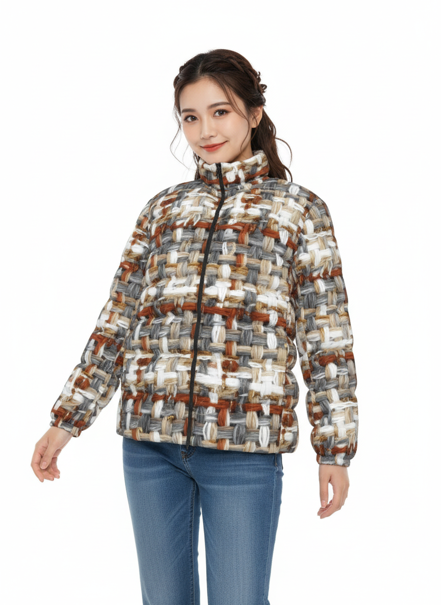 069 NISHIKIx Tweed Print Unisex Stand Collar Slim Down Jacket - Warm Gray