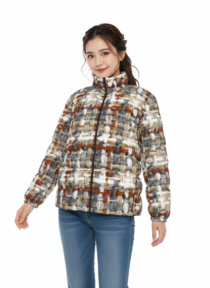 069 NISHIKIx Tweed Print Unisex Stand Collar Slim Down Jacket - Warm Gray
