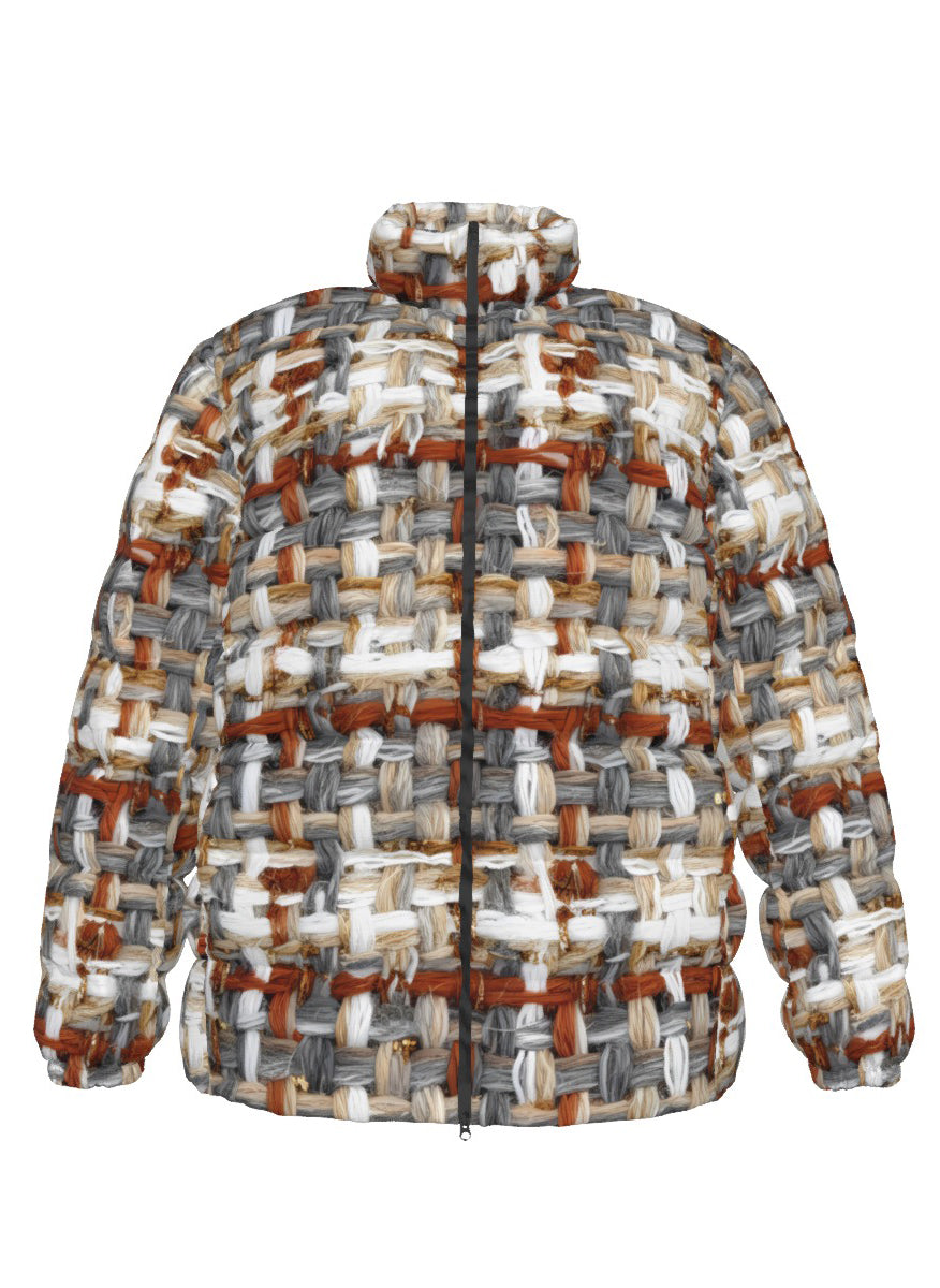 069 NISHIKIx Tweed Print Unisex Stand Collar Slim Down Jacket - Warm Gray