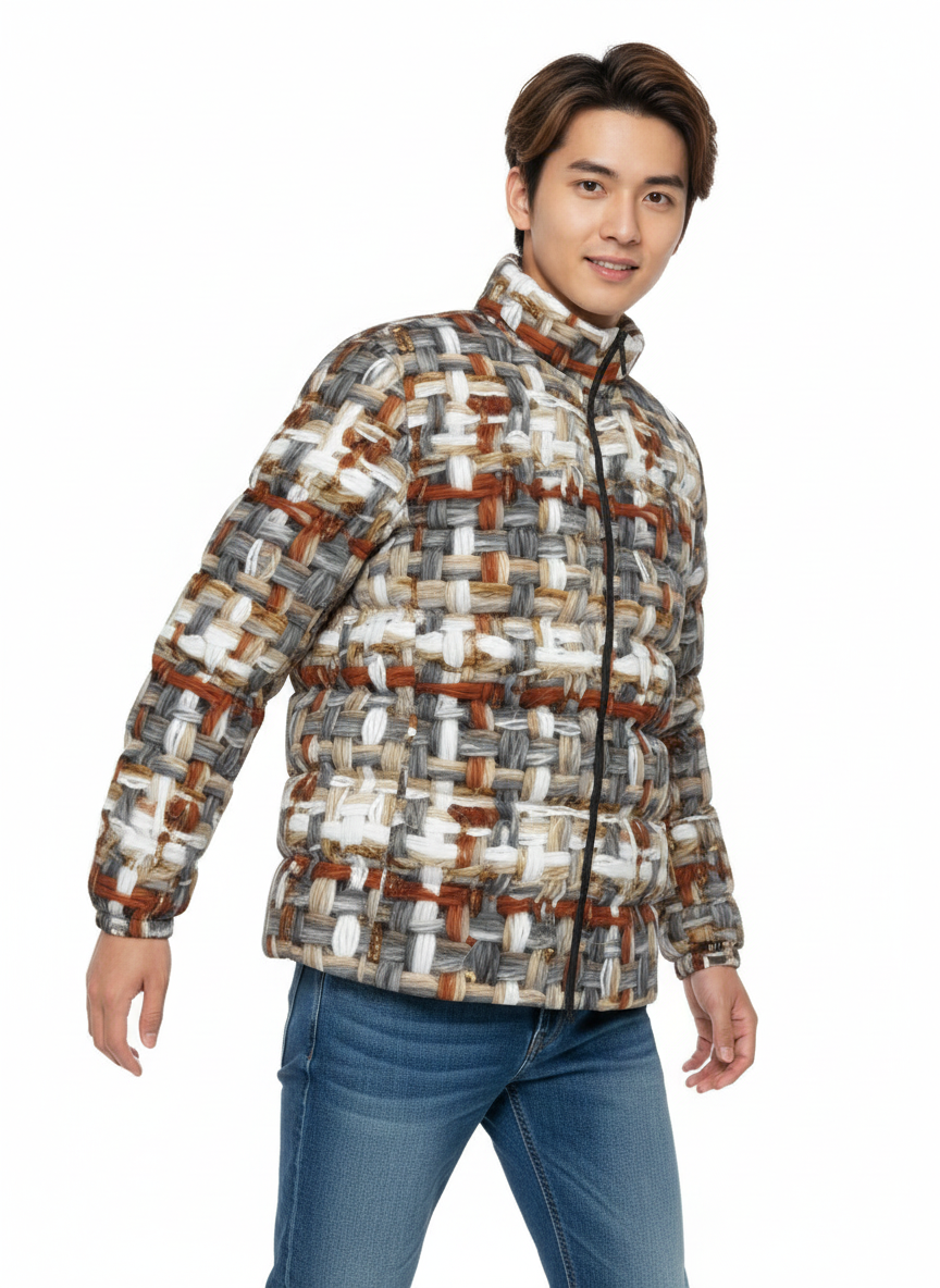 069 NISHIKIx Tweed Print Unisex Stand Collar Slim Down Jacket - Warm Gray
