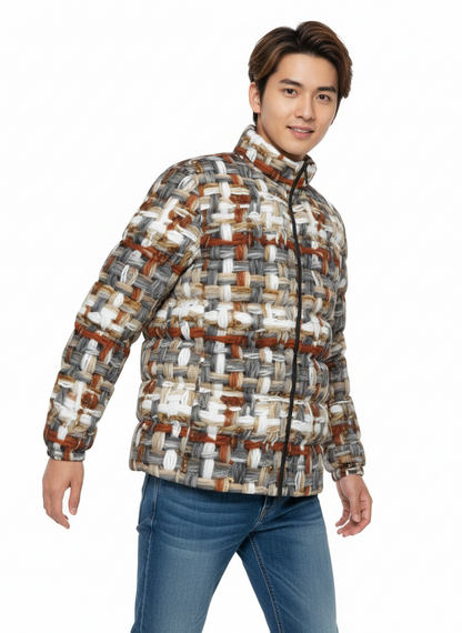 069 NISHIKIx Tweed Print Unisex Stand Collar Slim Down Jacket - Warm Gray
