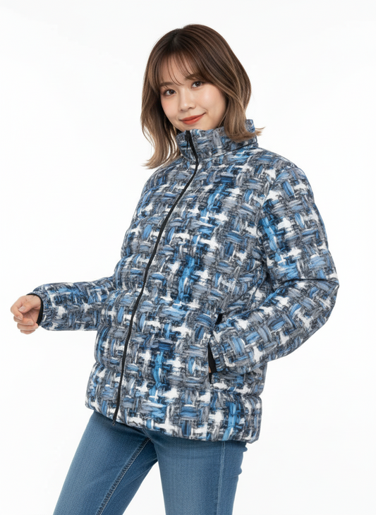 070 NISHIKIx Tweed Print Unisex Stand Collar Slim Down Jacket - Cool Gray