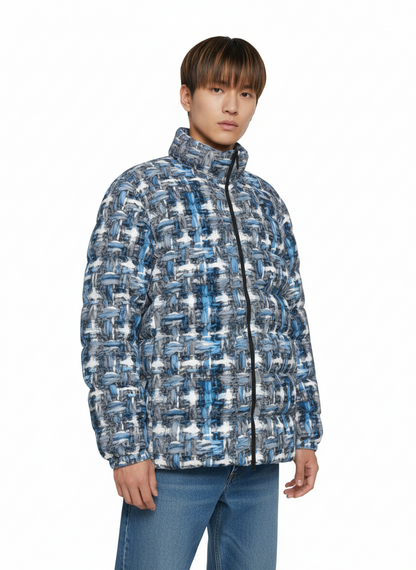 070 NISHIKIx Tweed Print Unisex Stand Collar Slim Down Jacket - Cool Gray
