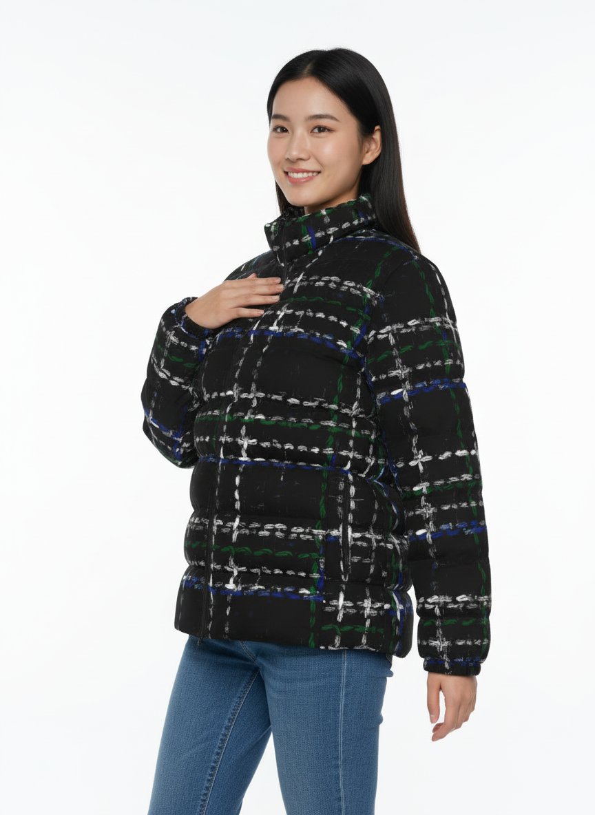 071 NISHIKIx Tweed Print Unisex Stand Collar Slim Down Jacket - Ivory Black
