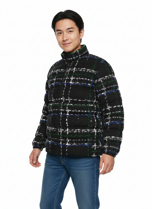 071 NISHIKIx Tweed Print Unisex Stand Collar Slim Down Jacket - Ivory Black