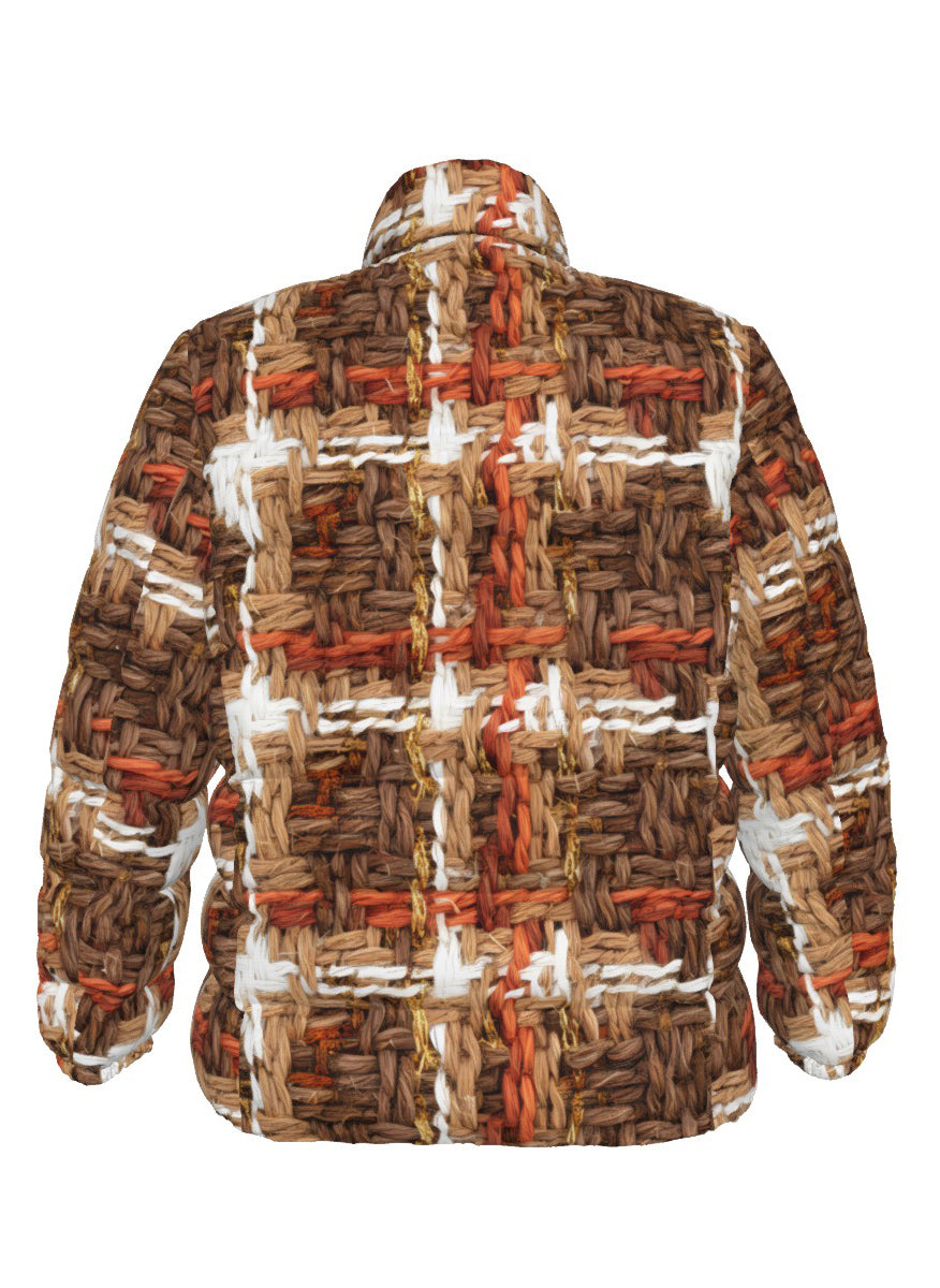 072 NISHIKIx Tweed Print Unisex Stand Collar Slim Down Jacket - Warm Sepia