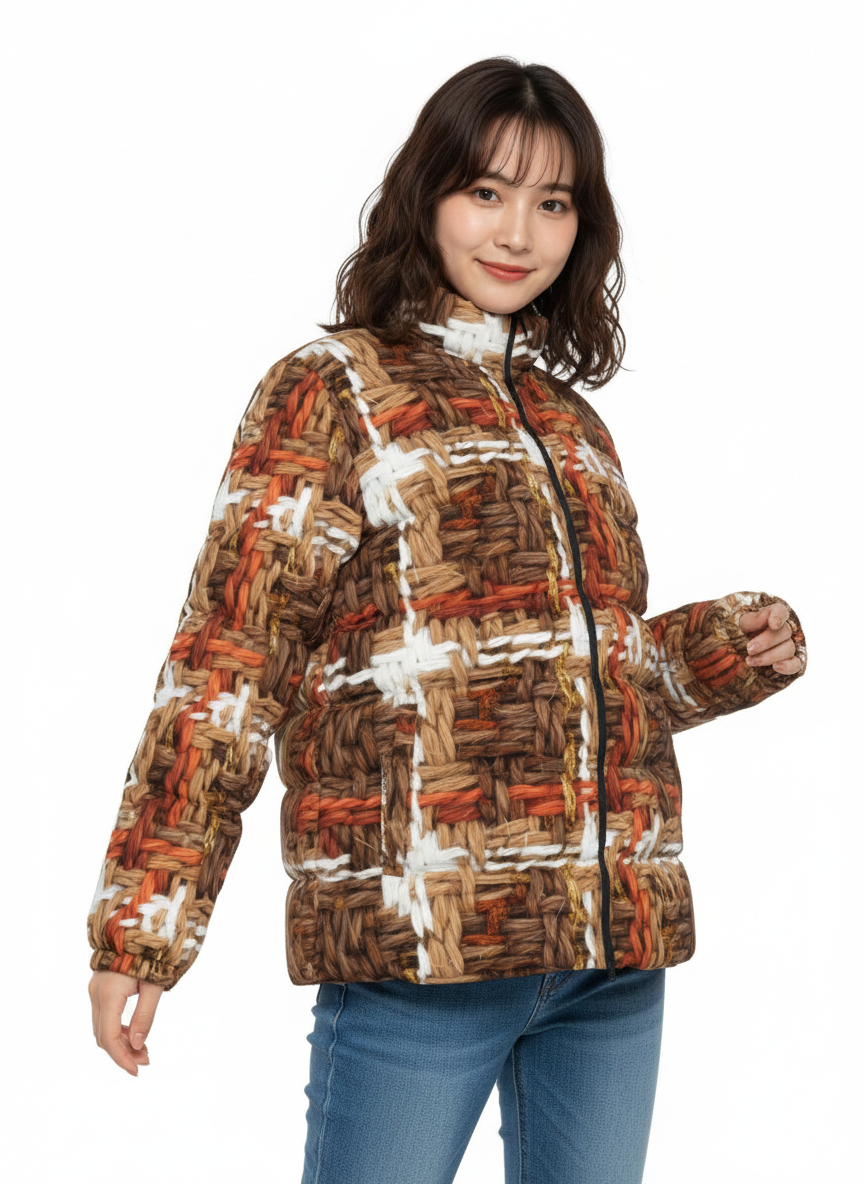 072 NISHIKIx Tweed Print Unisex Stand Collar Slim Down Jacket - Warm Sepia