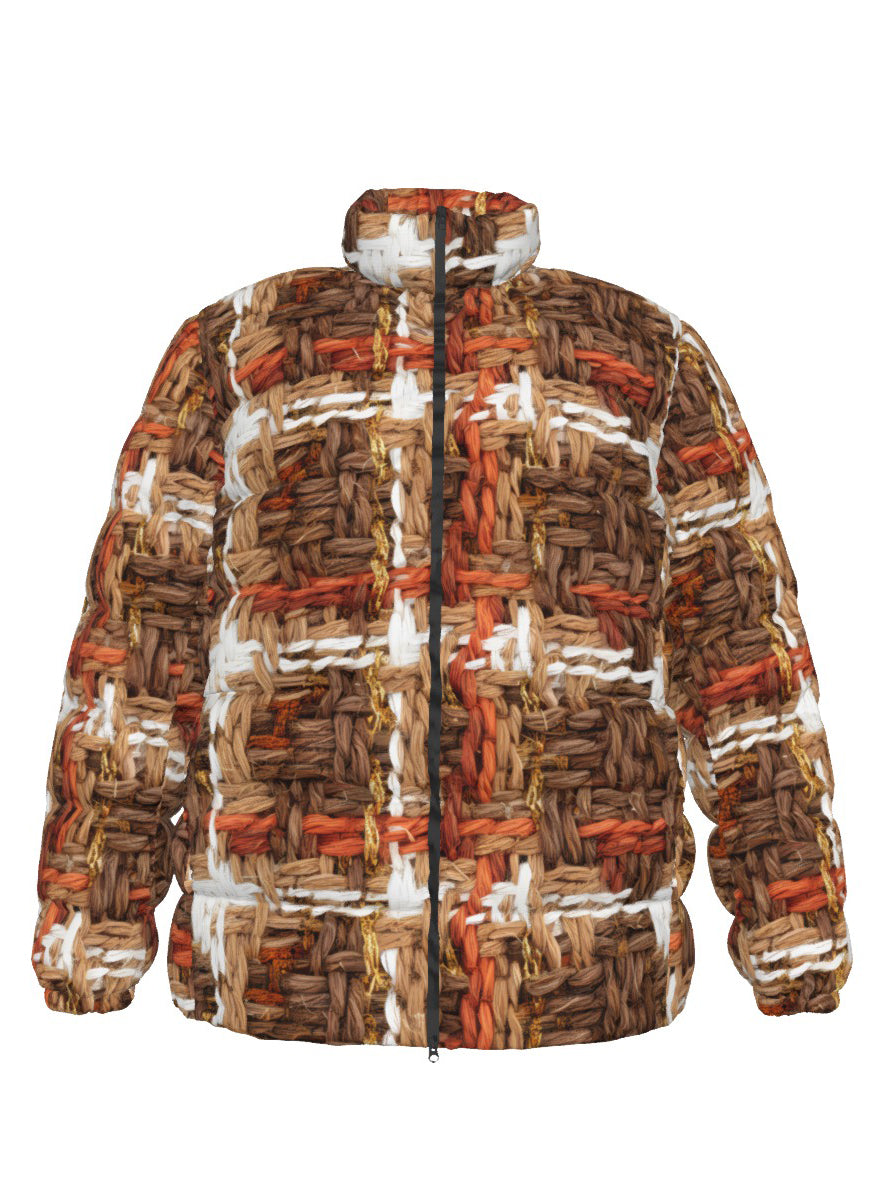 072 NISHIKIx Tweed Print Unisex Stand Collar Slim Down Jacket - Warm Sepia