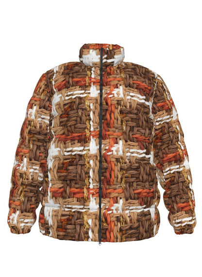 072 NISHIKIx Tweed Print Unisex Stand Collar Slim Down Jacket - Warm Sepia