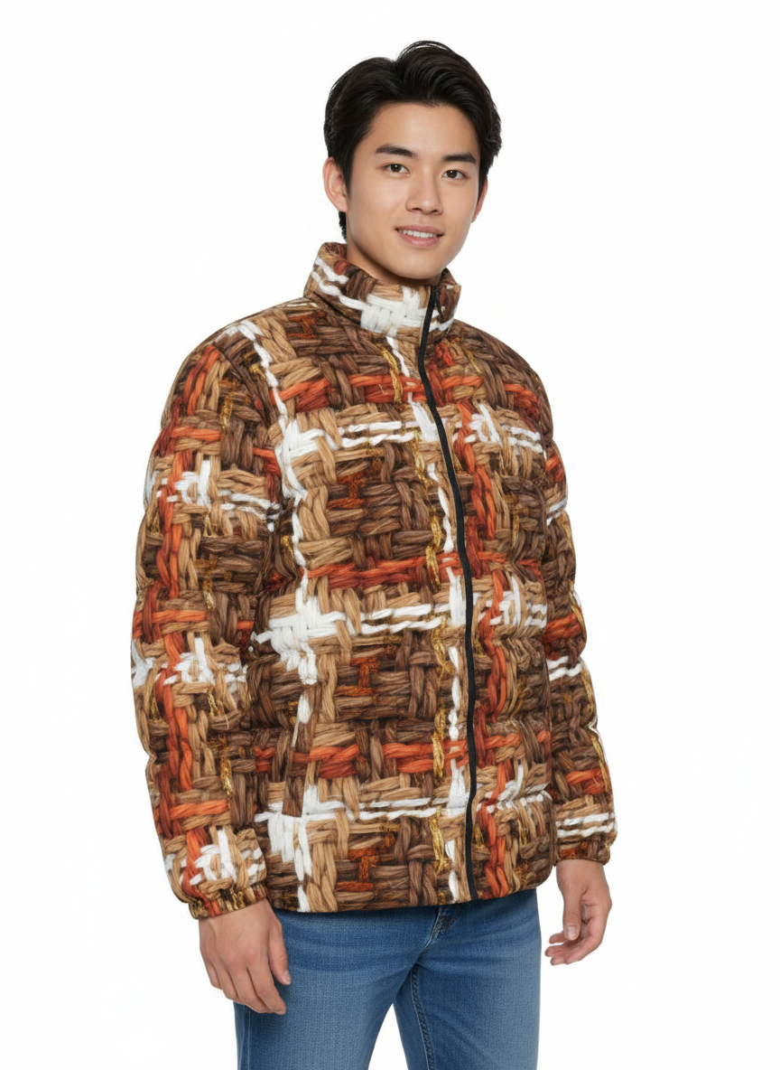 072 NISHIKIx Tweed Print Unisex Stand Collar Slim Down Jacket - Warm Sepia
