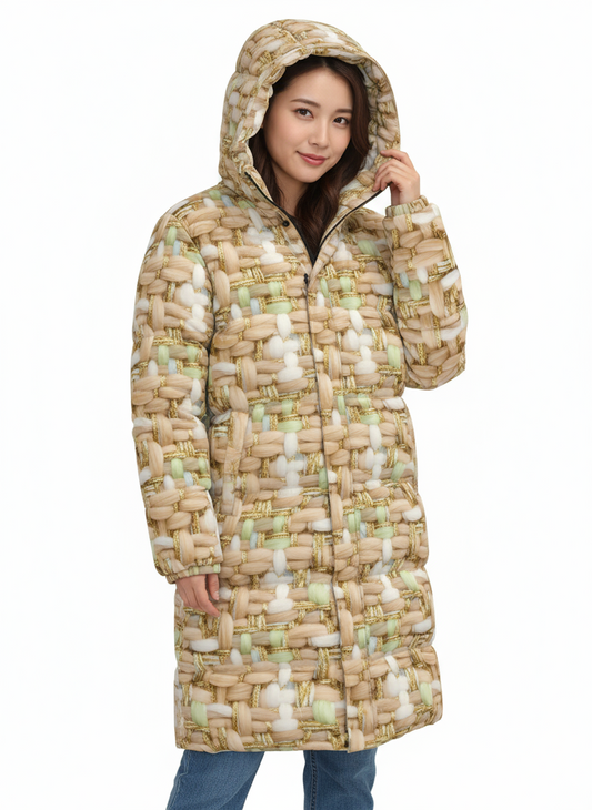 068 NISHIKIx Tweed Print Unisex Long Down Jacket - Beige