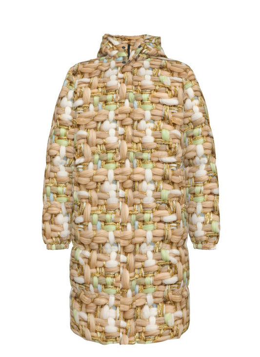 068 NISHIKIx Tweed Print Unisex Long Down Jacket - Beige