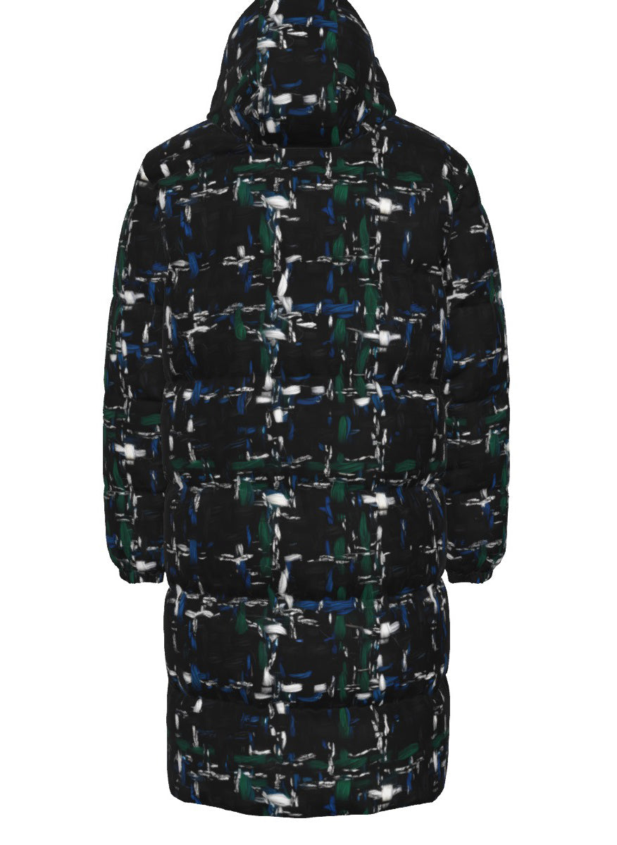 039 NISHIKIx Tweed Print Unisex Long Down Jacket - Black