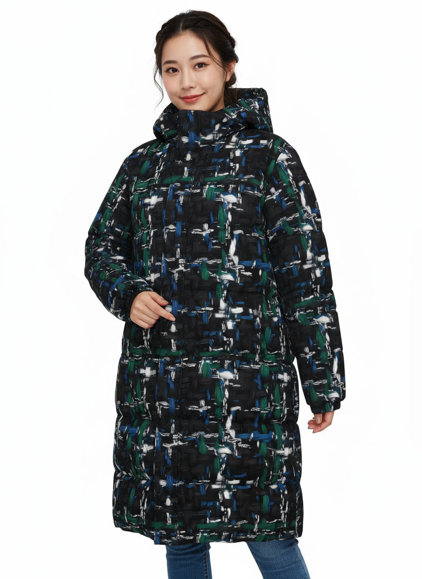 039 NISHIKIx Tweed Print Unisex Long Down Jacket - Black