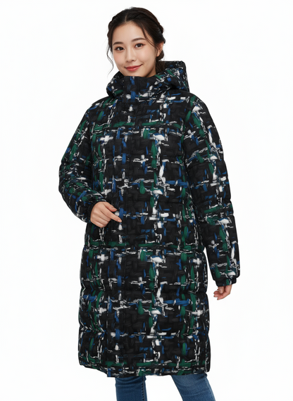 039 NISHIKIx Tweed Print Unisex Long Down Jacket - Black
