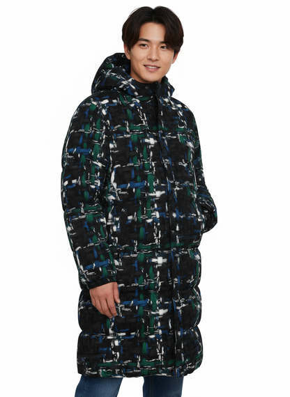 039 NISHIKIx Tweed Print Unisex Long Down Jacket - Black