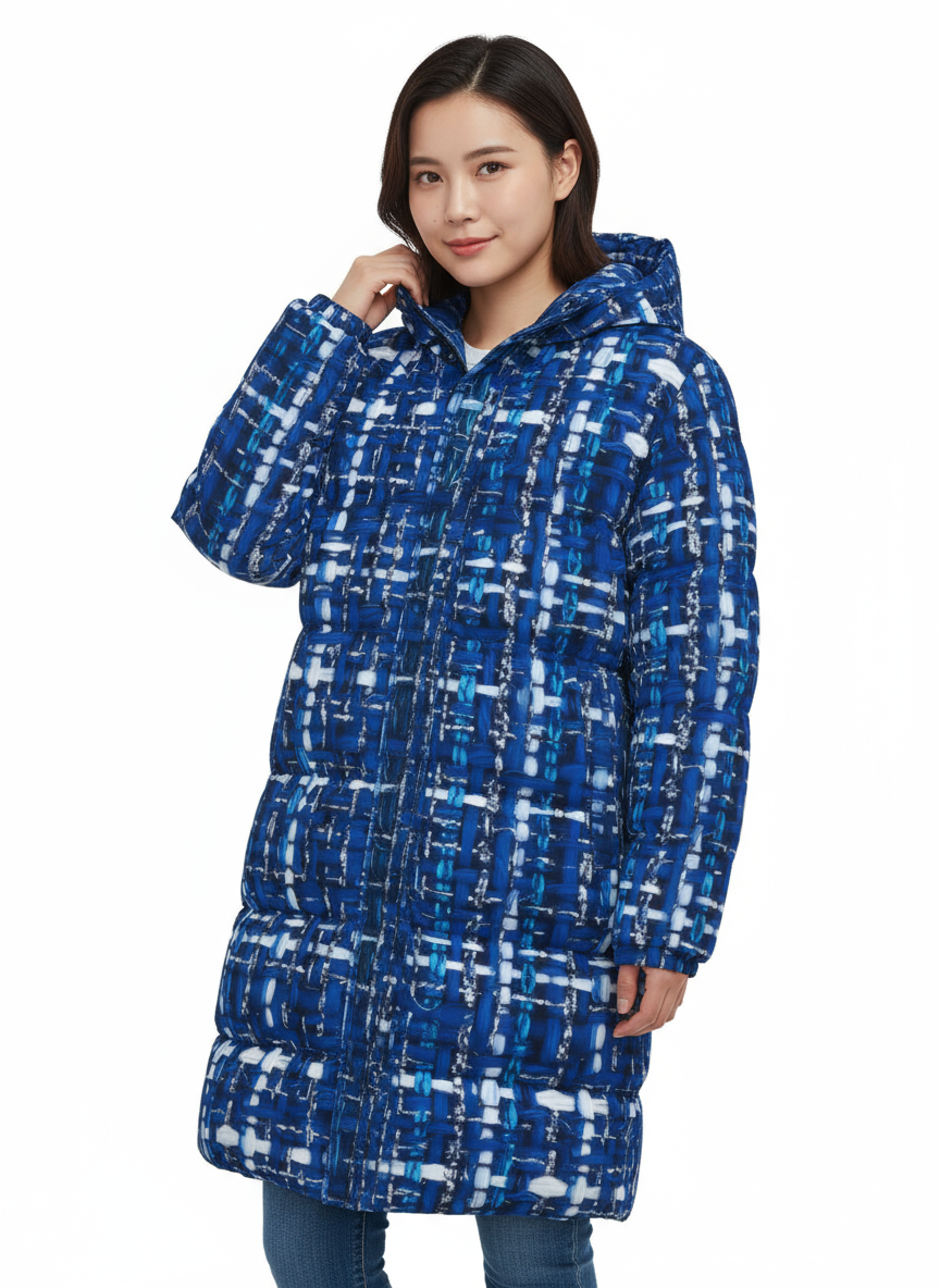 025 NISHIKIx Tweed Print Unisex Long Down Jacket - Blue