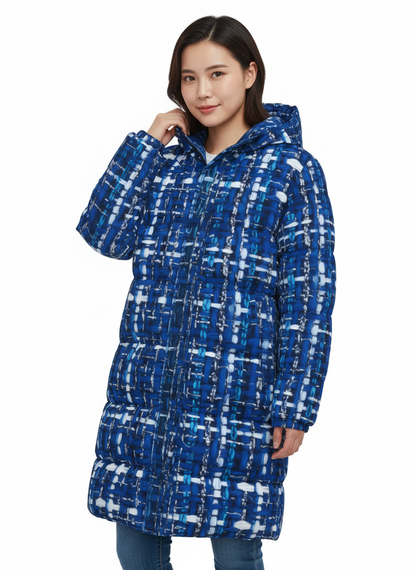 025 NISHIKIx Tweed Print Unisex Long Down Jacket - Blue