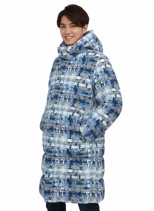 065 NISHIKIx Tweed Print Unisex Long Down Jacket - Blue Gray