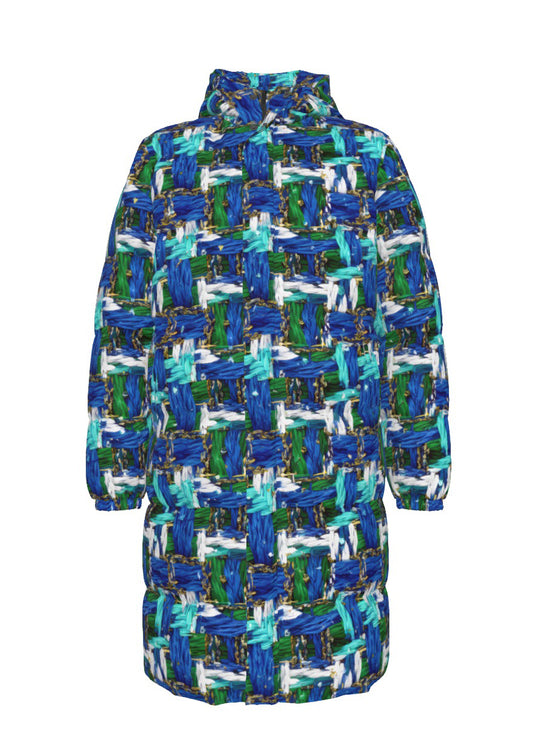 056 NISHIKIx Tweed Print Unisex Long Down Jacket - Blue Green