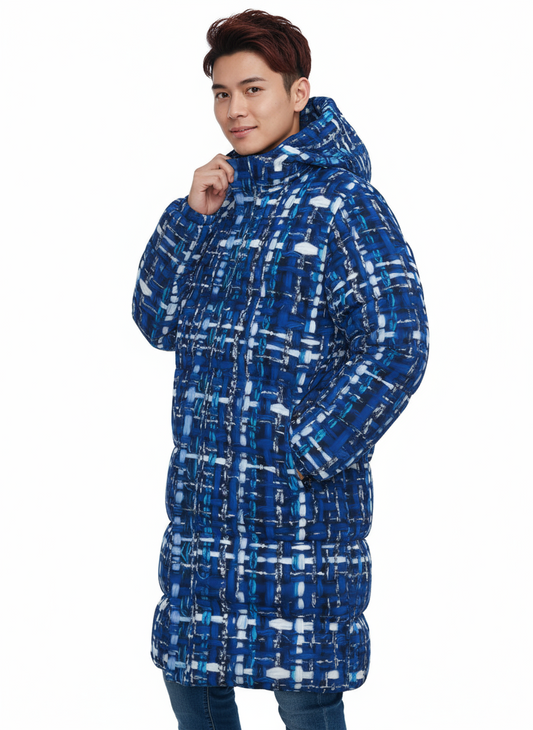 025 NISHIKIx Tweed Print Unisex Long Down Jacket - Blue