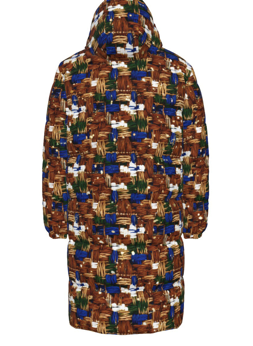 044 NISHIKIx Tweed Print Unisex Long Down Jacket - Bronze