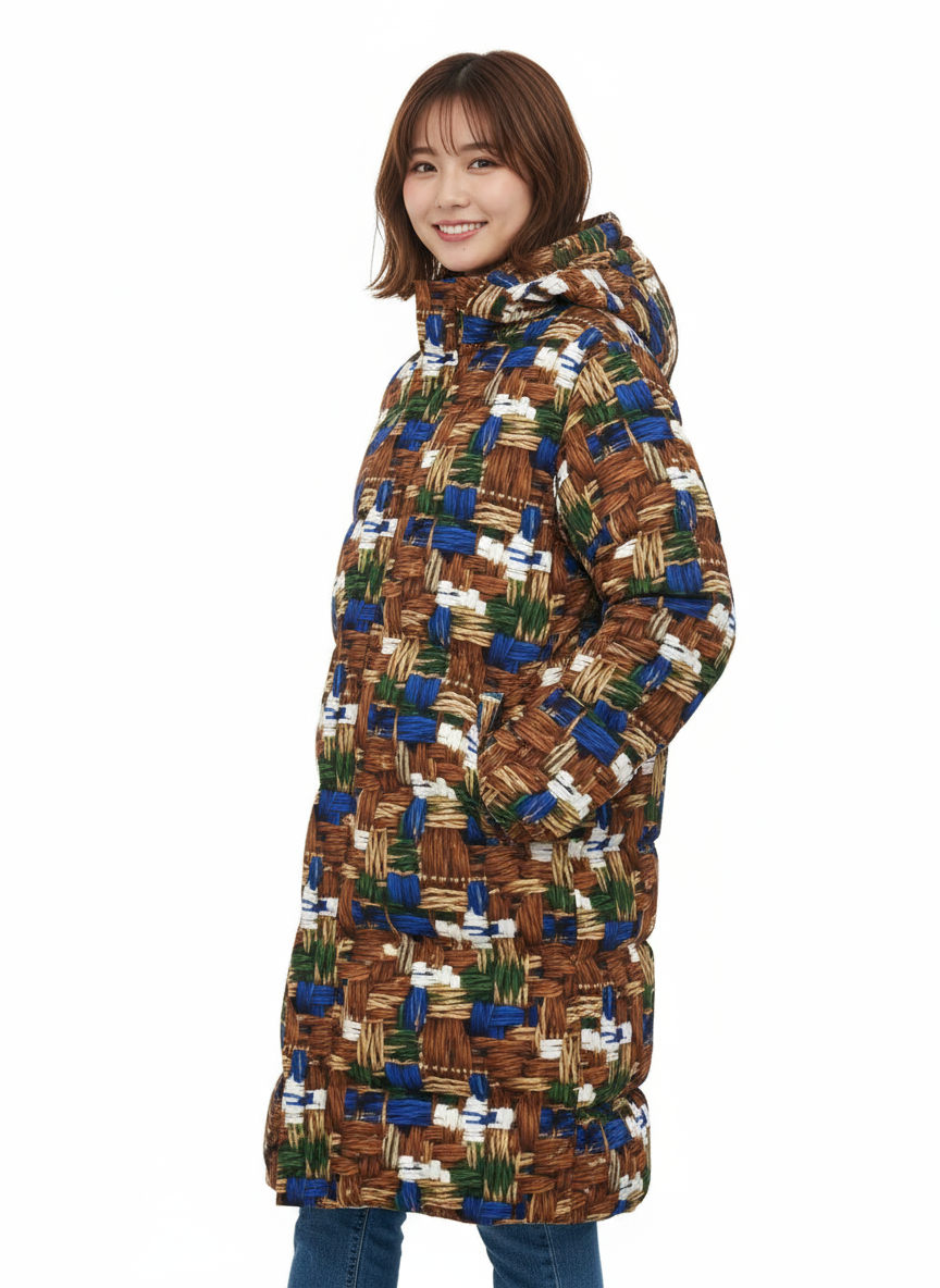 044 NISHIKIx Tweed Print Unisex Long Down Jacket - Bronze