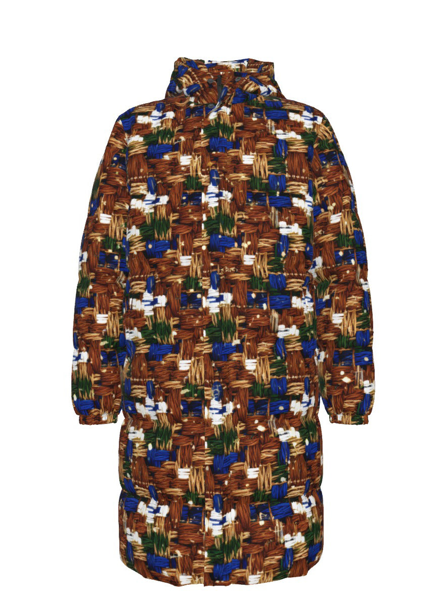 044 NISHIKIx Tweed Print Unisex Long Down Jacket - Bronze