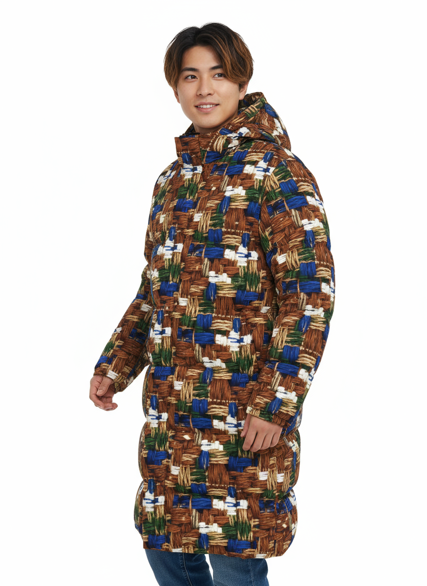 044 NISHIKIx Tweed Print Unisex Long Down Jacket - Bronze