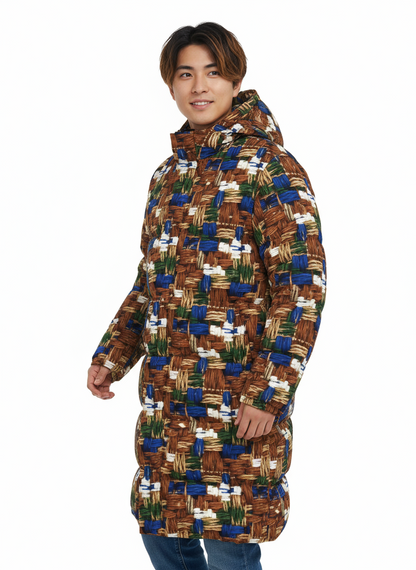 044 NISHIKIx Tweed Print Unisex Long Down Jacket - Bronze