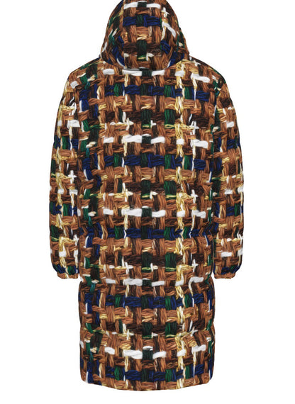 036 NISHIKIx Tweed Print Unisex Long Down Jacket - Brown