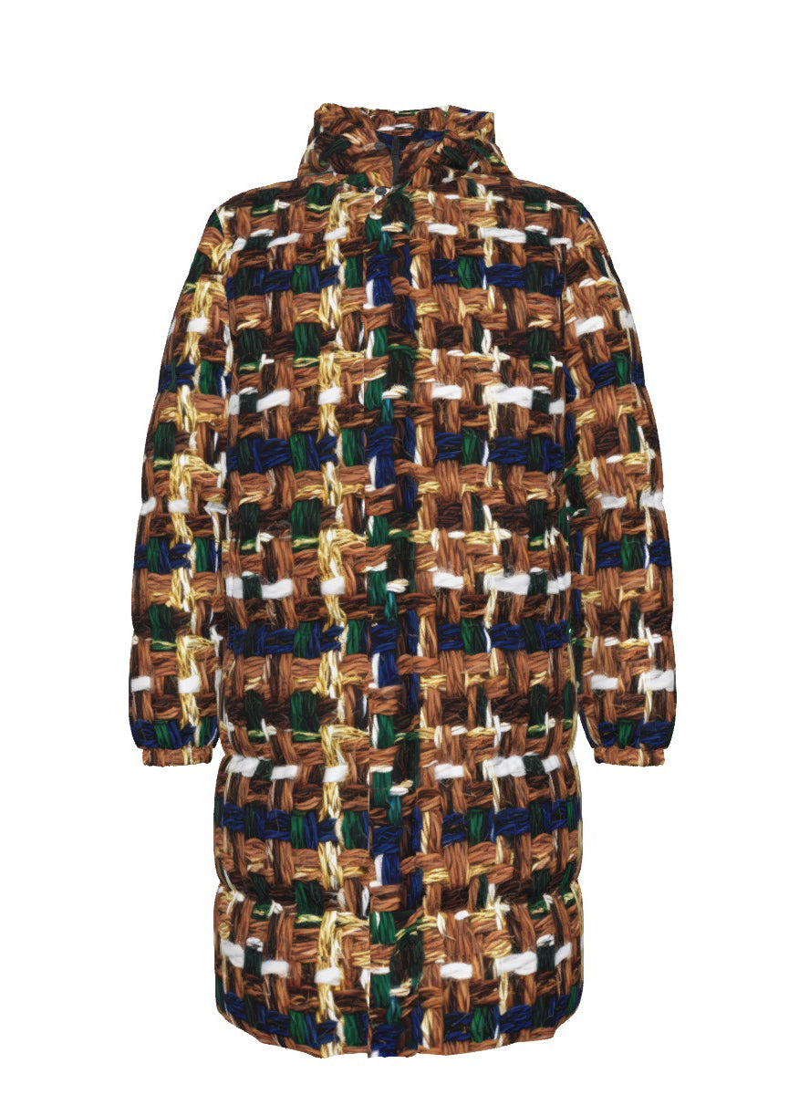 036 NISHIKIx Tweed Print Unisex Long Down Jacket - Brown