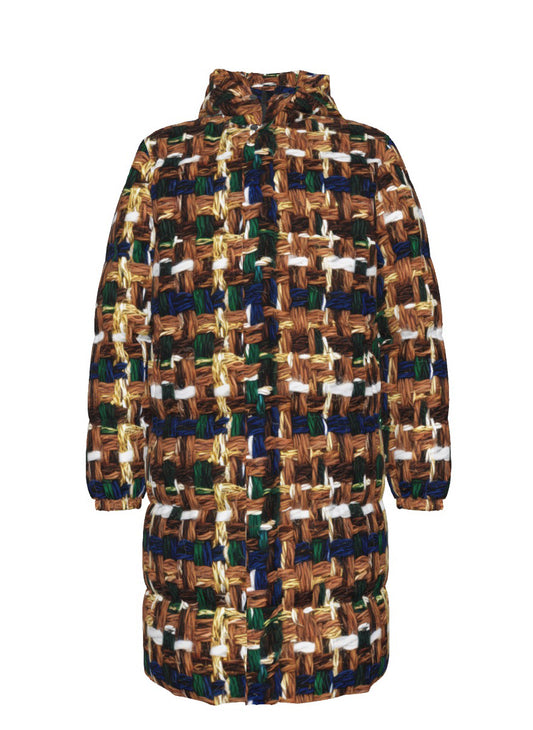 036 NISHIKIx Tweed Print Unisex Long Down Jacket - Brown