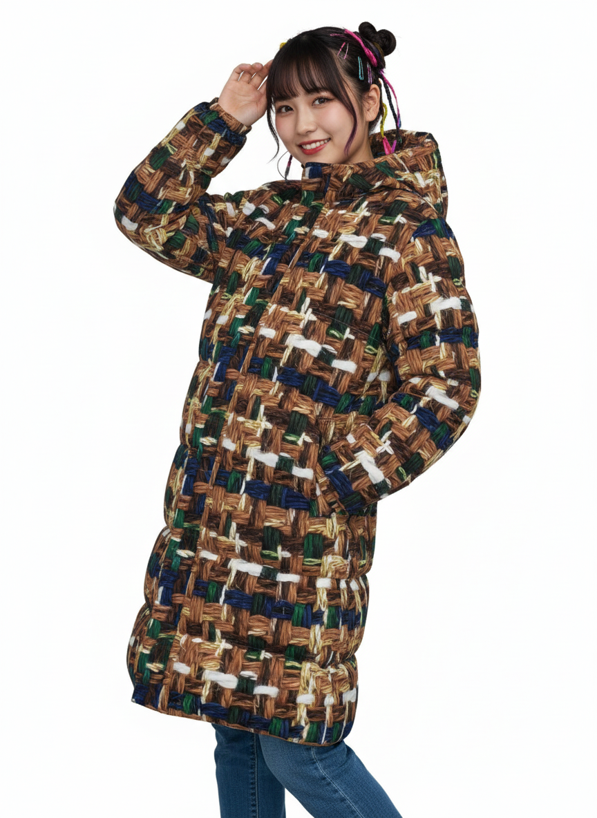 036 NISHIKIx Tweed Print Unisex Long Down Jacket - Brown