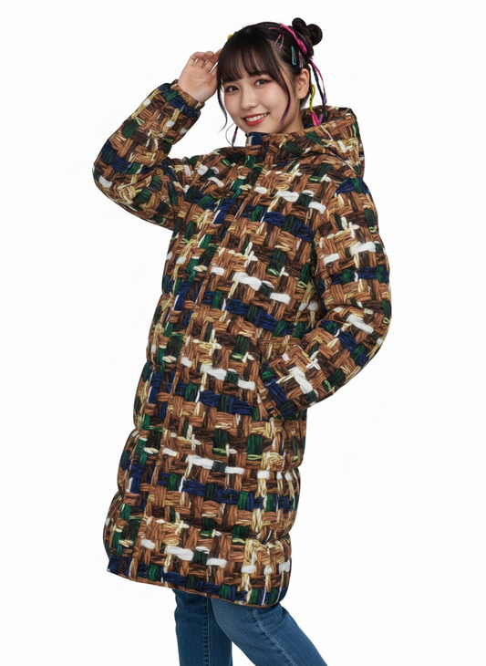 036 NISHIKIx Tweed Print Unisex Long Down Jacket - Brown