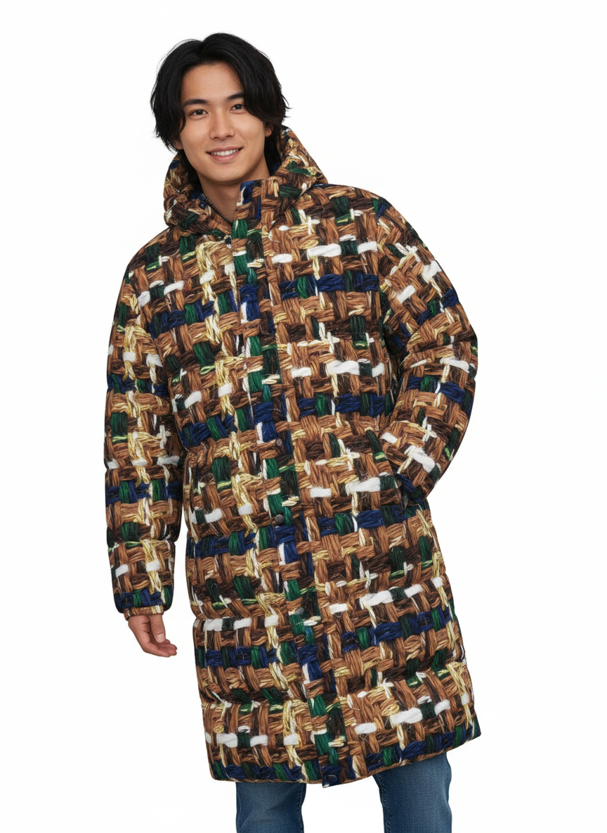 036 NISHIKIx Tweed Print Unisex Long Down Jacket - Brown
