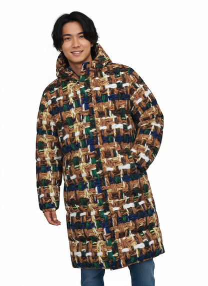 036 NISHIKIx Tweed Print Unisex Long Down Jacket - Brown