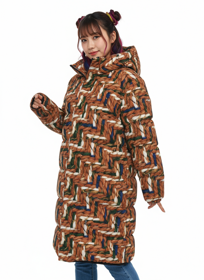 032 NISHIKIx Tweed Print Unisex Long Down Jacket - Burnt Sienna